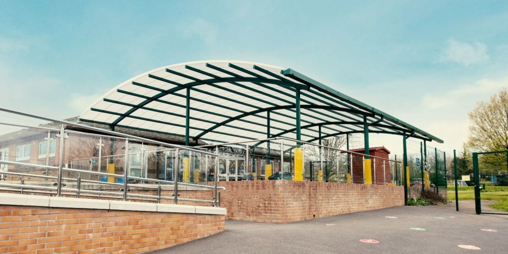 Green frame canopy we made for Bickleigh Down Primary School