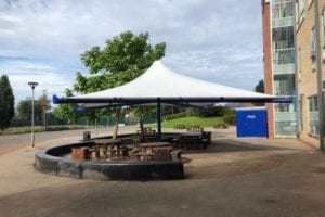 Fabric umbrella canopy at Stockport Academy