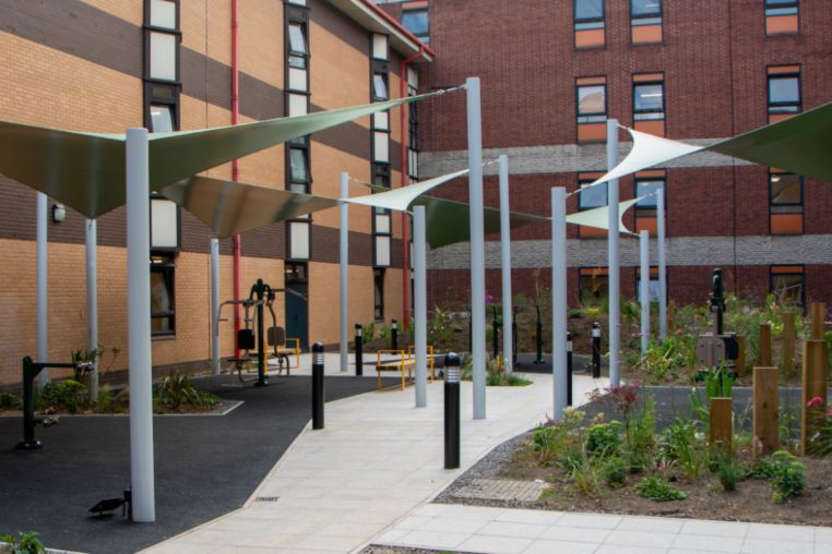 Fabric shade sails we installed at Rotherham General Hospital