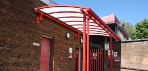 Covered walkway canopy we designed for Royal Mail Middleton